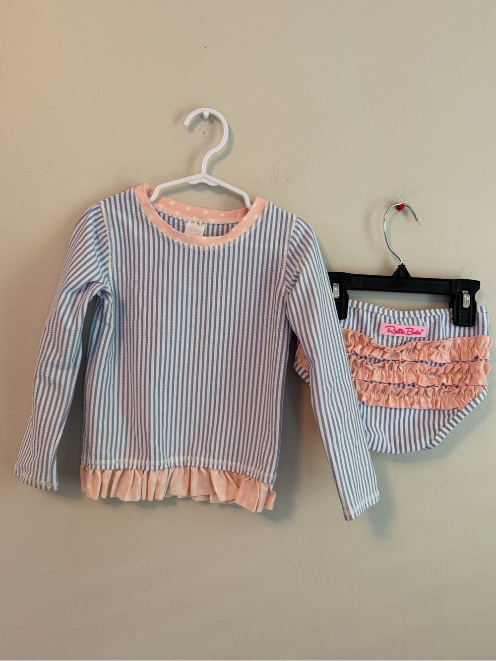 Ruffle Butts Striped Long Sleeve Top & Ruffle Bottoms Swimsuit - Pink & Blue